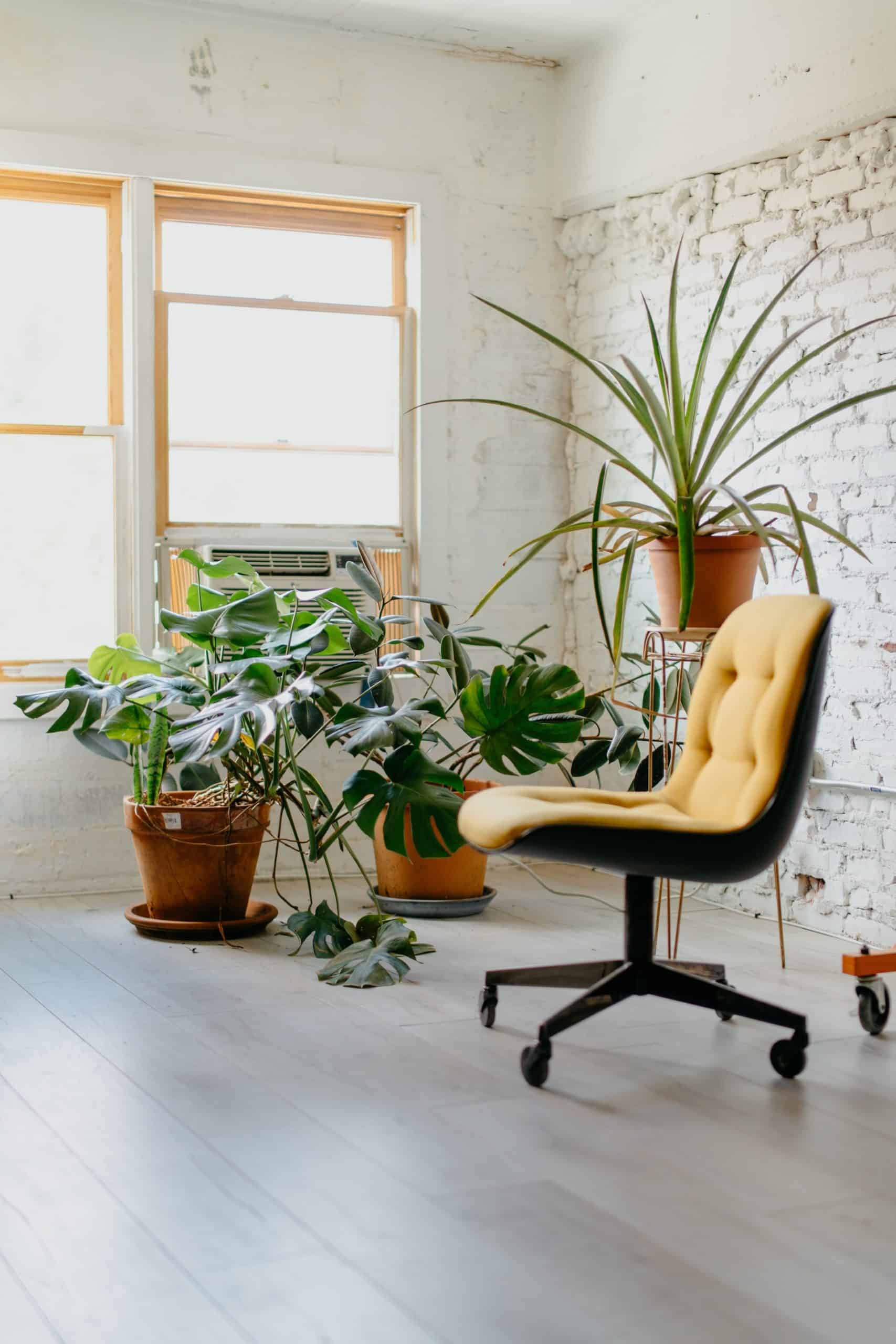 Inside a home office with a yellow chair